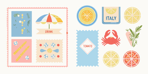 A charming collection of italian summer icons including citrus fruits a crab and beach elements