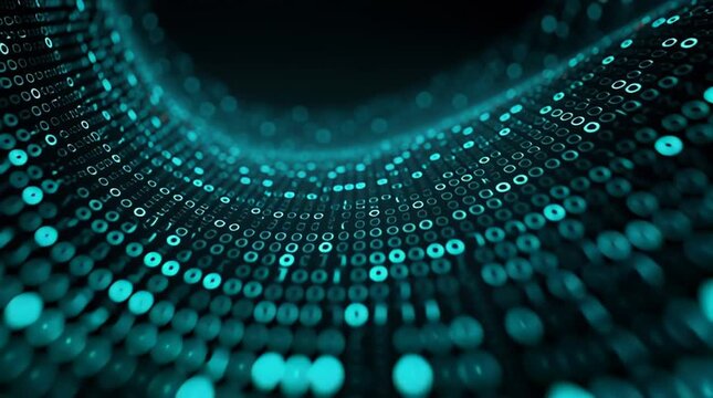 Abstract representation of digital data flow with binary code in vibrant turquoise against a dark backdrop.