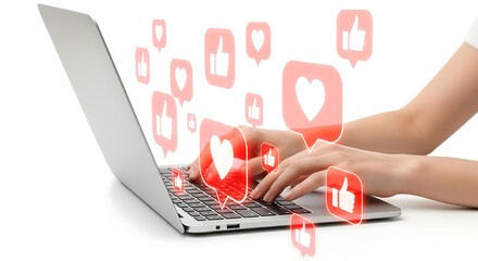 Hands typing on a laptop keyboard with social media like and heart icons floating out, representing online engagement and communication.