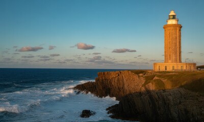Obraz premium Coastal lighthouse at sunset. Rocky cliffs meet the ocean. Warm light bathes the scene