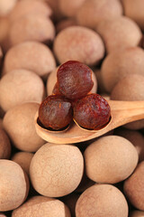 Dried Longan Fruit on Wooden Spoon with Fresh Longan Shells - Traditional Chinese Dried Fruit Display