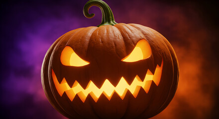 Fototapeta premium Illuminated Halloween Pumpkin with Sinister Expression Surrounded by Purple and Orange Smoke