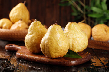 Fresh Chinese Pears with Soft Peeling Skin on Wooden Board - Healthy Organic Fruit Display
