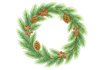 Christmas wreath illustrating pine needles, red berries, and pinecones for holiday decoration, transparent background