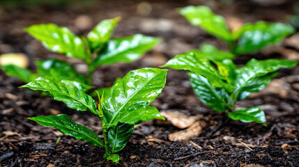 seedling. Coffee plant seedlings thrive in nature, showcasing vibrant green tones under soft natural light. gardening catalogs, home-decor guides, designed for gardening and botanical catalogs.