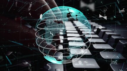 This image showcases a futuristic concept of global communication, highlighting the interaction between technology and business through digital data visuals and a keyboard. Xenic - Powered by Adobe