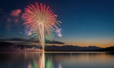 Colorful fireworks explode over a lake at dusk, reflected in the water