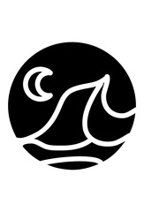 A moon and ocean waves icon. Abstract ocean waves and moon. A simple circle with waves and a crescent moon.