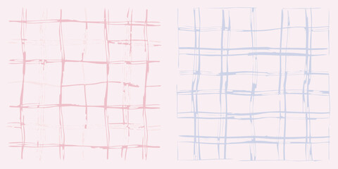 Soft pink and pale blue hand drawn plaid patterns on a light pink background