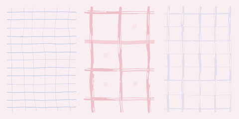 Three vertical panels with hand drawn grid patterns in pastel blue pink and white on a light pink background