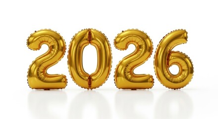 Four shiny golden balloons form the number 2026 resting on a reflective white surface