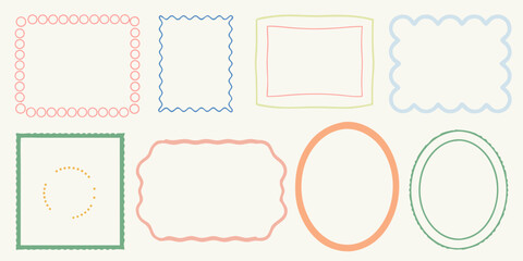 Collection of eight hand drawn decorative frames and borders in pastel colors on a cream background
