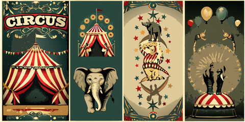 Vintage circus poster collage featuring tents elephants lions acrobats and balloons © Ranajit