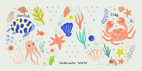 Cute underwater world illustration with starfish jellyfish crab and various sea creatures and plants
