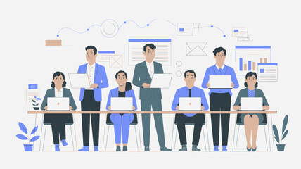 Dynamic team collaboration with laptops, brainstorming business strategies for innovative solutions in a modern workspace, fostering productive teamwork and growth