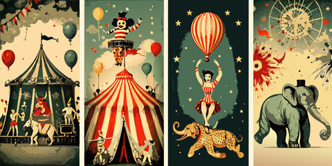 Vintage circus poster collage featuring tents elephants lions acrobats and balloons © Ranajit