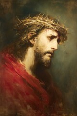 Portrait of suffering: jesus with crown of thorns and red robe