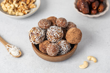 Homemade vegan healthy sugar-free candies made from dried fruits and nuts. Healthy eating.