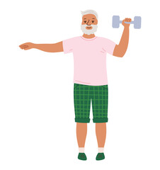 Older men do sports strength training dumbbell exercises. Muscle growth health improvement. Elderly people character workout cartoon vector. Therapeutic sport old men. Adult senior fitness barbell gym