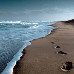 Footprints sand beach ocean shoreline wave peaceful nature coast summer tranquil travel vacation water landscape