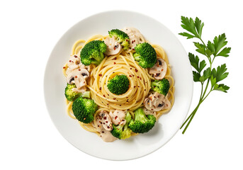 Delicious spaghetti carbonara with fresh broccoli florets and parsley garnish isolated on transparent background