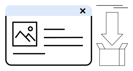 Browser window displaying image file preview and text, arrow signifying download into storage. Ideal for file management, organization, content storage, data transfer, cloud storage, user interface