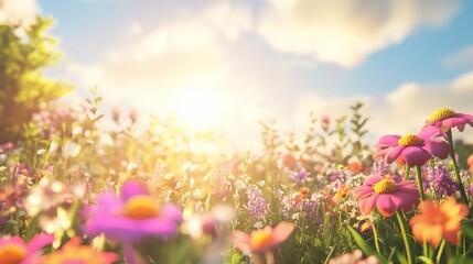 Enchanting meadow of vibrant wildflowers under a golden sunlight