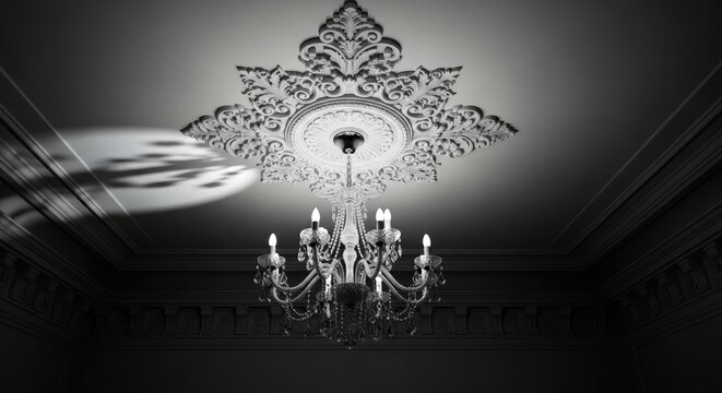 Ornate chandelier hangs from a decorative ceiling medallion in a dimly lit room, casting shadows on the wall. - Powered by Adobe