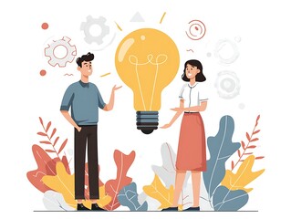 Creative teamwork concept with colleagues sharing an innovative idea, symbolized by a large glowing lightbulb illustration