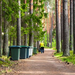 Forest path with bins and worker
