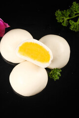 Steamed Buns with Golden Runny Egg Yolk Filling - Traditional Asian Dim Sum Food Photography