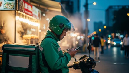 A motorbike delivery driver in green uniform checks smartphone for orders near a city food stall at night, symbolizing gig economy, modern service, and urban transportation jobs.