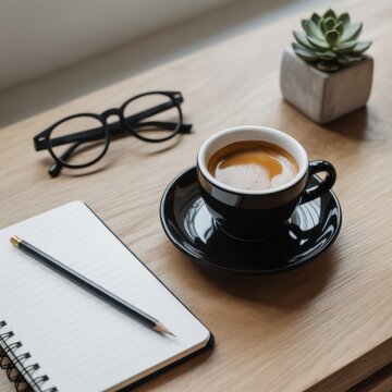 Coffee break: A moment of tranquility with a perfectly brewed cup of coffee alongside a notebook, glasses, and a succulent plant. Capturing the essence of a peaceful interlude