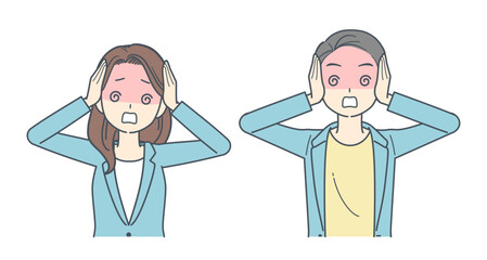 頭を抱えて混乱するジャケットを着た男性と女性のイラスト