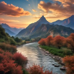 sunset, sky, water, lake, sun, sunrise, landscape, nature, mountain, evening, light