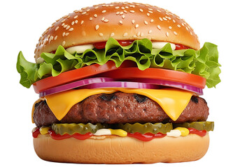 Delicious juicy beef burger with cheese lettuce and tomato isolated on transparent background