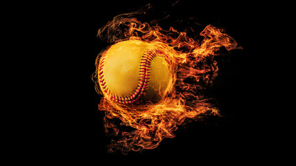 baseball. Baseball with dramatic fiery effect isolated on pure black background with intense flames. event key visuals, club posters, designed for sports event promotions and stadium branding.