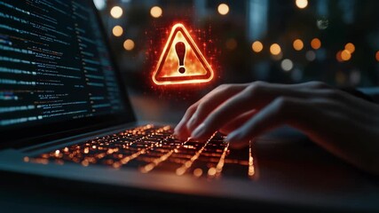 Close-up of hands typing on laptop keyboard with digital red warning alert icon, symbolizing hacking, cybersecurity threat, online attack, data protection, internet danger, technology risk awareness. - Powered by Adobe