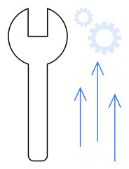 Large wrench alongside blue gears and arrows pointing upward. Ideal for innovation, improvement, progress, engineering, efficiency, growth, and development. Simple flat metaphor