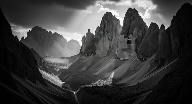 Dramatic black and white mountain landscape, towering peaks, dramatic lighting. - Powered by Adobe