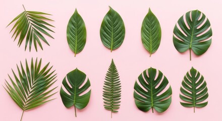 Green tropical leaves and fern fronds arranged on a soft pink surface