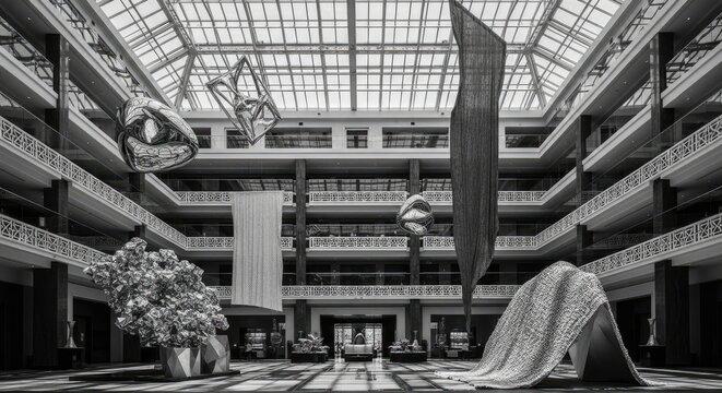 Interior view of a multi-story building atrium with suspended art installations and a glass ceiling, rendered in black and white.