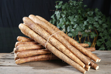 Fresh Chinese Yam Roots from Henan Farm - Traditional Asian Root Vegetables on Wooden Table