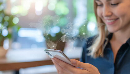 Smiling woman using her smartphone with digital network overlay.