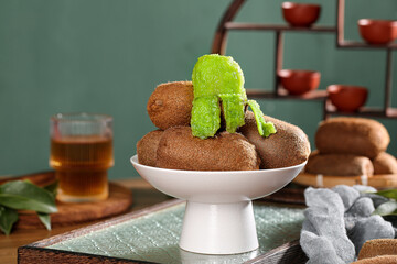Fresh Kiwifruit from Guizhou China in Modern Kitchen Setting with Tea and Bowl Details