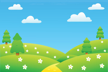 Naklejka premium A vibrant cartoon landscape featuring green hills trees and a blue sky