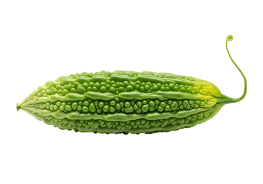 A single ripe green bitter melon vegetable with a curved stem isolated on transparent background