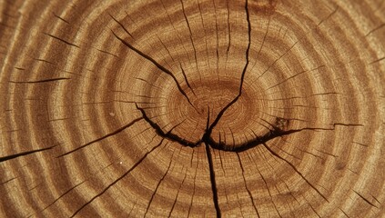 Fototapeta premium A detailed close-up view of a tree trunk cross-section, showcasing the intricate wood grain patterns and growth rings.