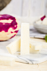 Fresh White Cubed Turnip with Purple Sweet Potato on White Plate - Healthy Farm Vegetables