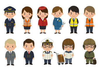 Collection of cute cartoon airport and airline staff characters.